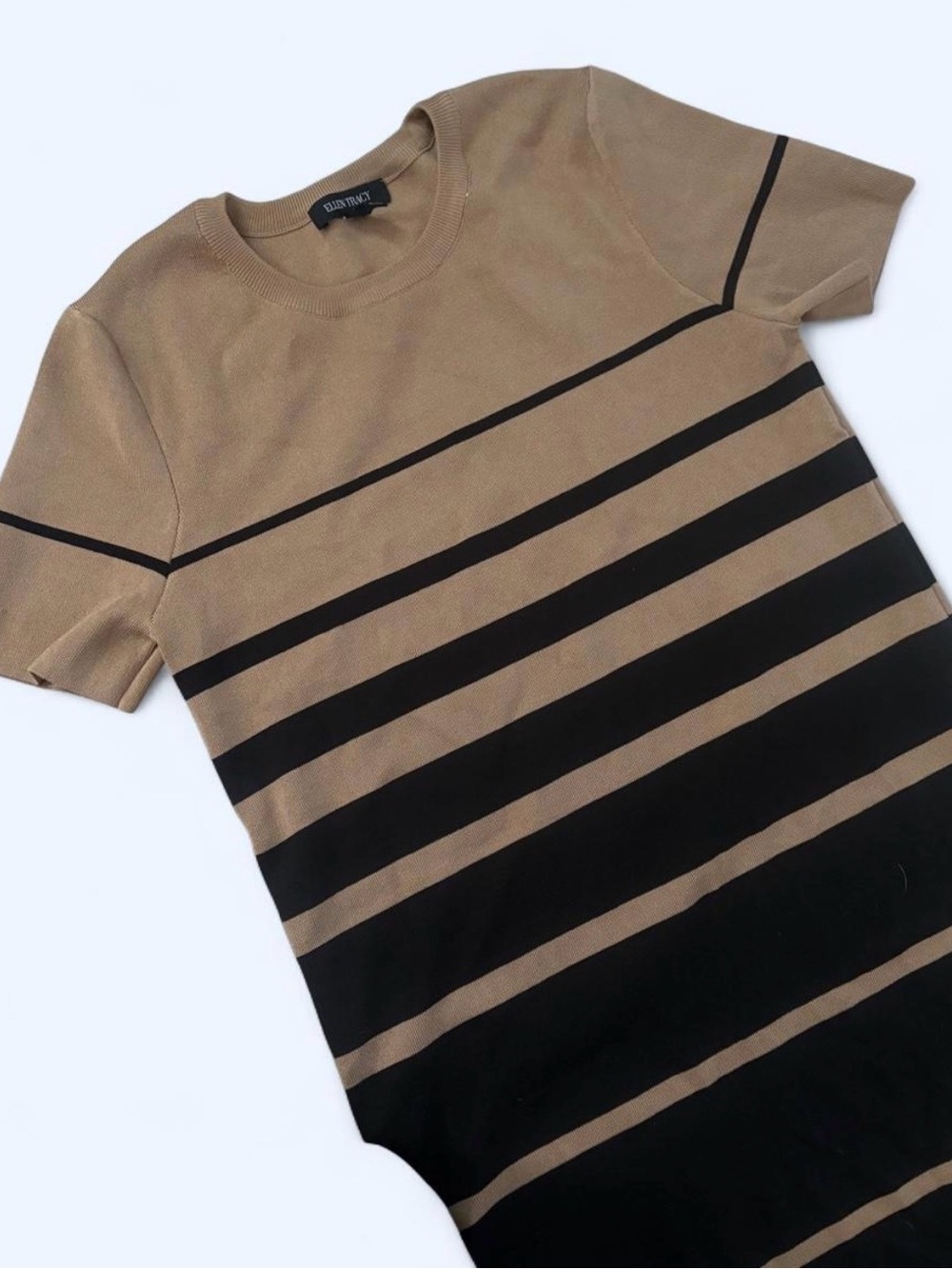 Black and Tan Striped Short Sleeve Knit Dress
